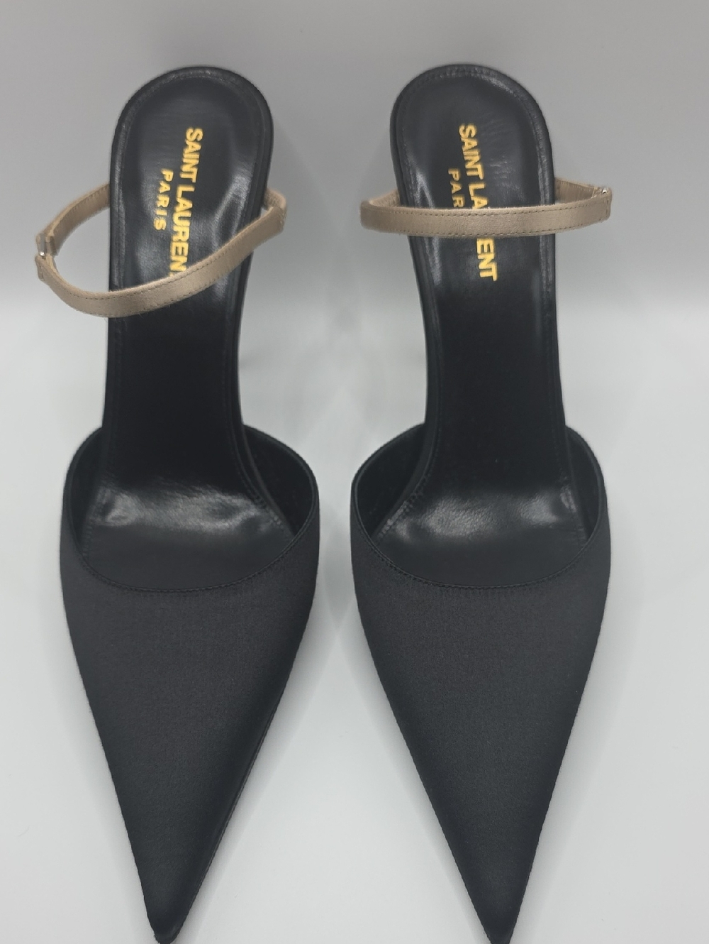 Saint Laurent Black Pointed Slingback Heels with Tan Strap